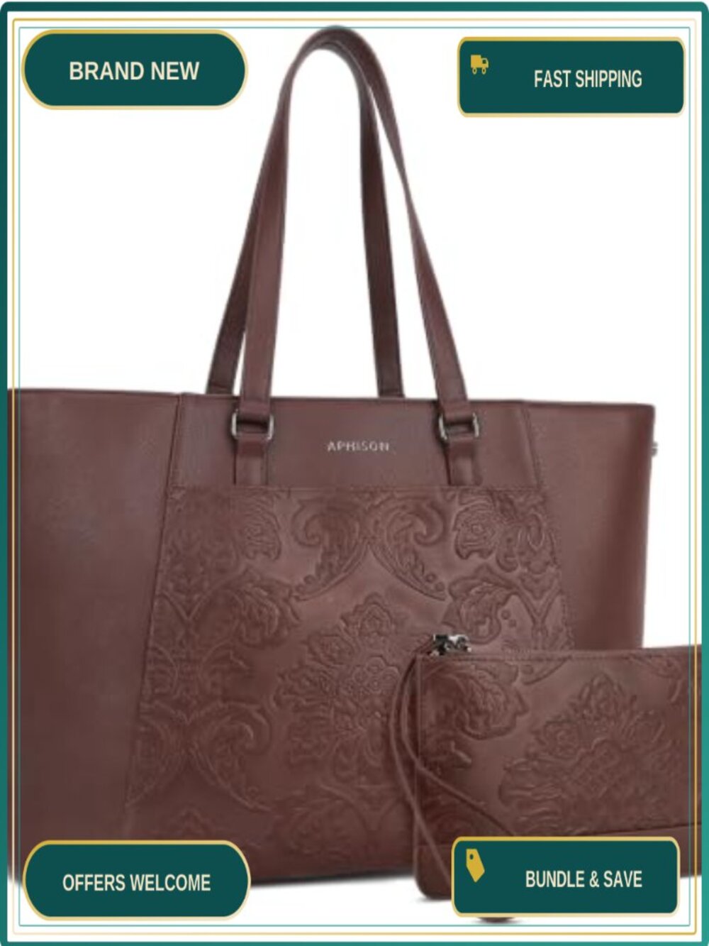 15.6 Inch Laptop Tote Bag PU Leather with Bonus Clutch for Women